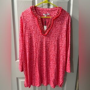 NWT Chico's Linen EMB Reef Easy Tunic 3/4 sleeve Size 3 XL in watermelon punch